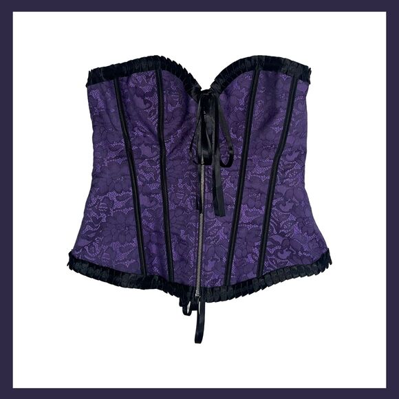 Gothic Purple Lace Corset Bustier Top 2XL Black Ribbon Trim Cosplay Witchy - Picture 1 of 10